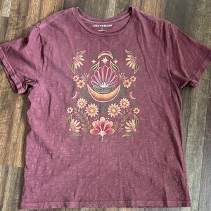 Lucky Brand Maroon Short-Sleeve Tee with Floral Moon Graphic